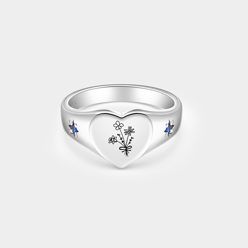 Personalized Sterling Silver Heart Ring – Custom Birthstone and Birth Flower Jewelry 925 Sterling Silver Gifts for Her