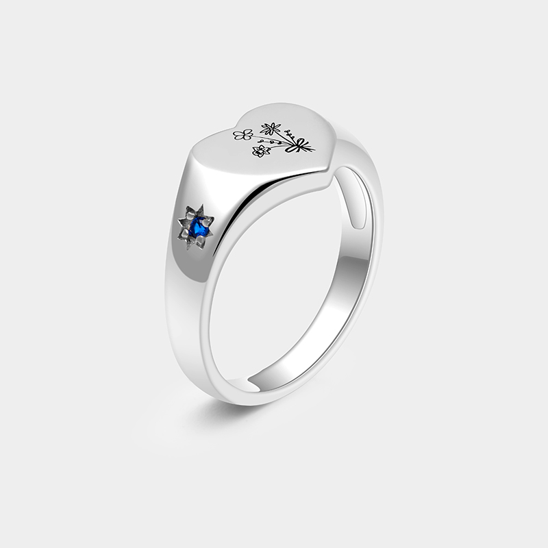 Personalized Sterling Silver Heart Ring – Custom Birthstone and Birth Flower Jewelry 925 Sterling Silver Gifts for Her