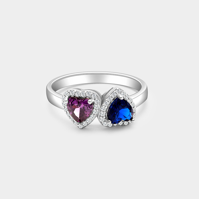 Personalized Sterling Silver Double Heart Ring – Custom Name and Dual Birthstone Jewelry