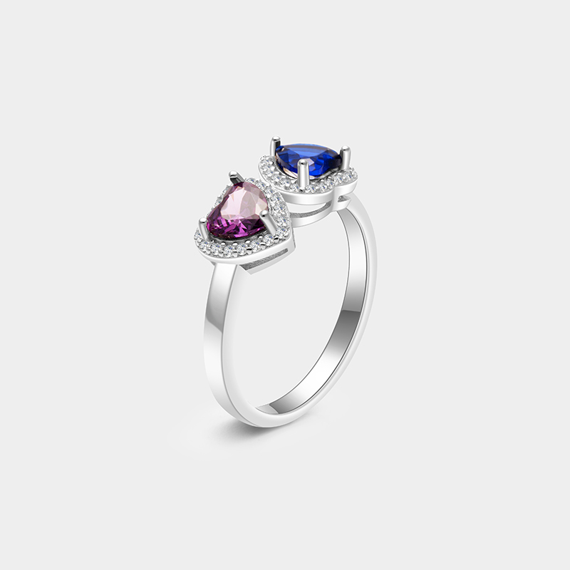 Personalized Sterling Silver Double Heart Ring – Custom Name and Dual Birthstone Jewelry