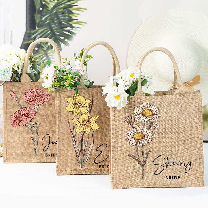Personalized Bridesmaid Birth Flower Burlap Tote Bag Custom Bride Month Flower Wedding Beach Jute Tote Bag Bachelorette Party Favor Bridal Shower Gift