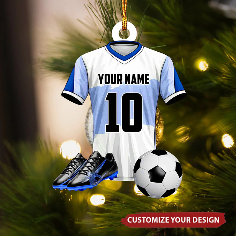 Personalized Soccer Jersey Ornament with Customizable Name Number and Design Featuring Soccer Ball and Cleats