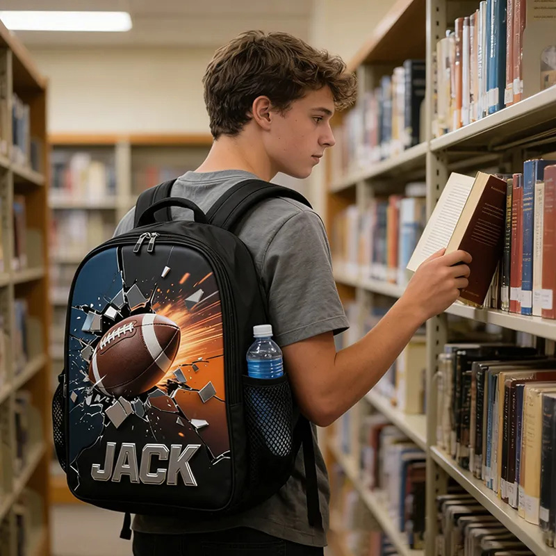 Personalized Football Backpack with Custom Name and Dynamic Design for Football Fans Black to School Gift