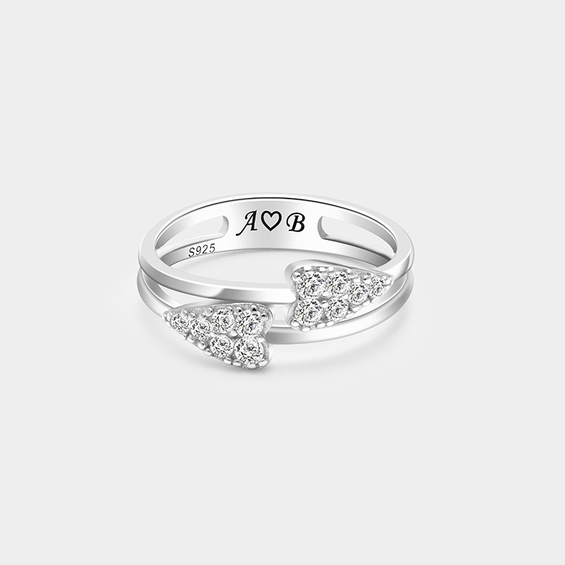 Personalized Sterling Silver Double Heart Ring – Custom Initials, Name, and Birthstone Romantic Jewelry
