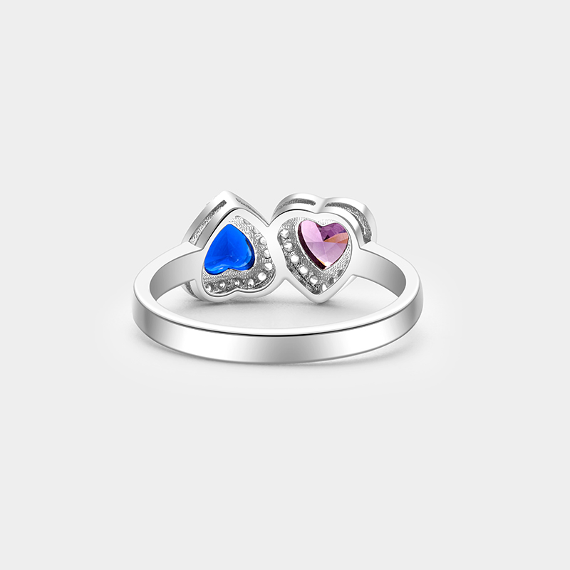 Personalized Sterling Silver Double Heart Ring – Custom Name and Dual Birthstone Jewelry