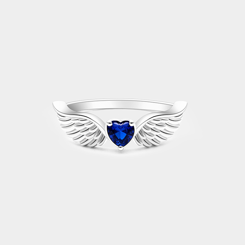 Personalized Sterling Silver Angel Wing Ring – Custom Name and Birthstone Elegant Jewelry Design