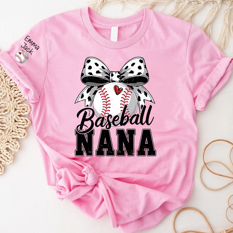 Personalized Baseball Nana Shirt – Custom Grandma T‑Shirt with Bow and Name, Gift for Proud Baseball Grandma