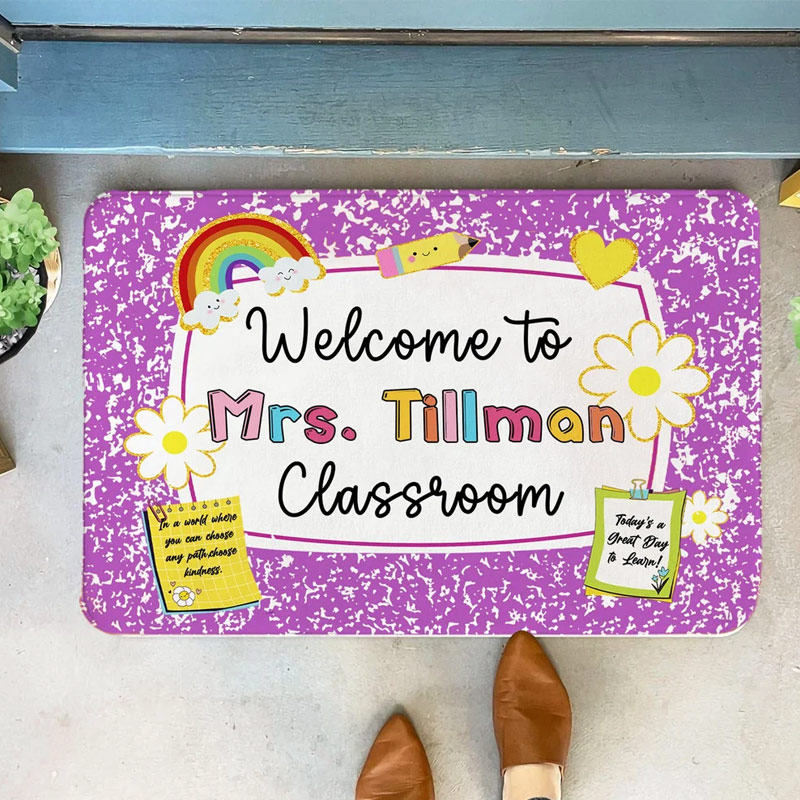 Personalized Multicolor Pencil Rainbow Welcome to Classroom Non-Slip Doormat with Text Teacher's Day Back to School Gift for Teacher