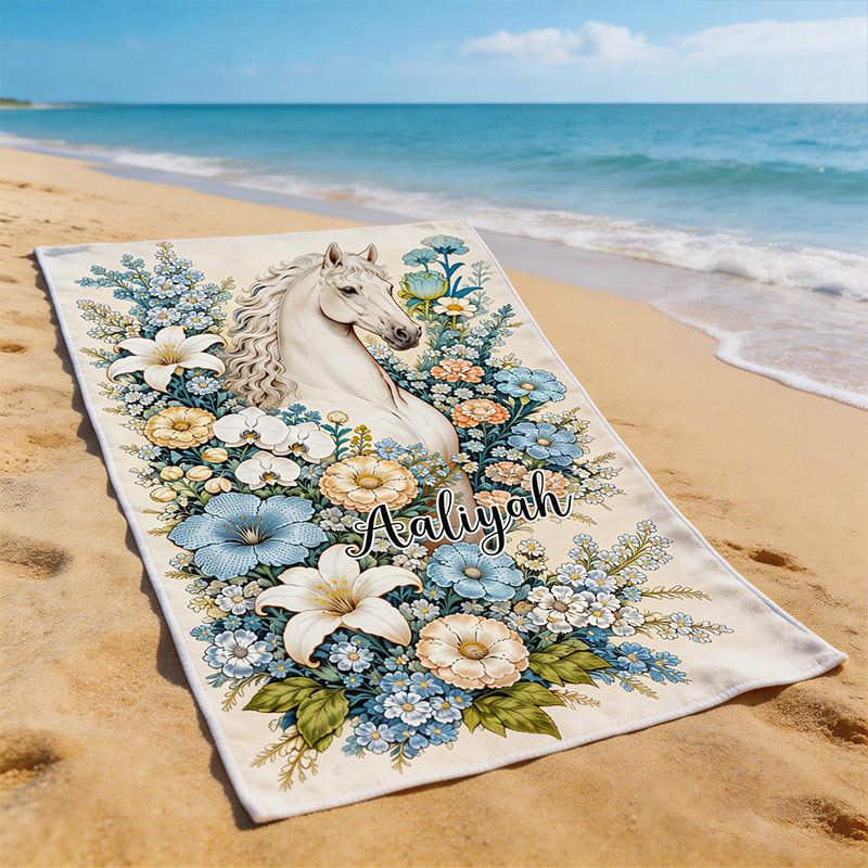 Personalized Beach Towel White Horse and Flowers Beach Towel with Name Gift for Equestrian Lovers