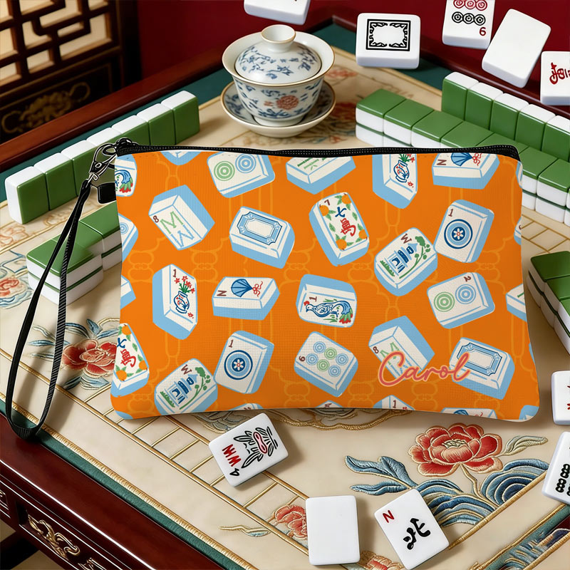Personalized Mahjong Name Linen Handbag with Zipper and Wrist Strap Gift for Mahjong Lovers