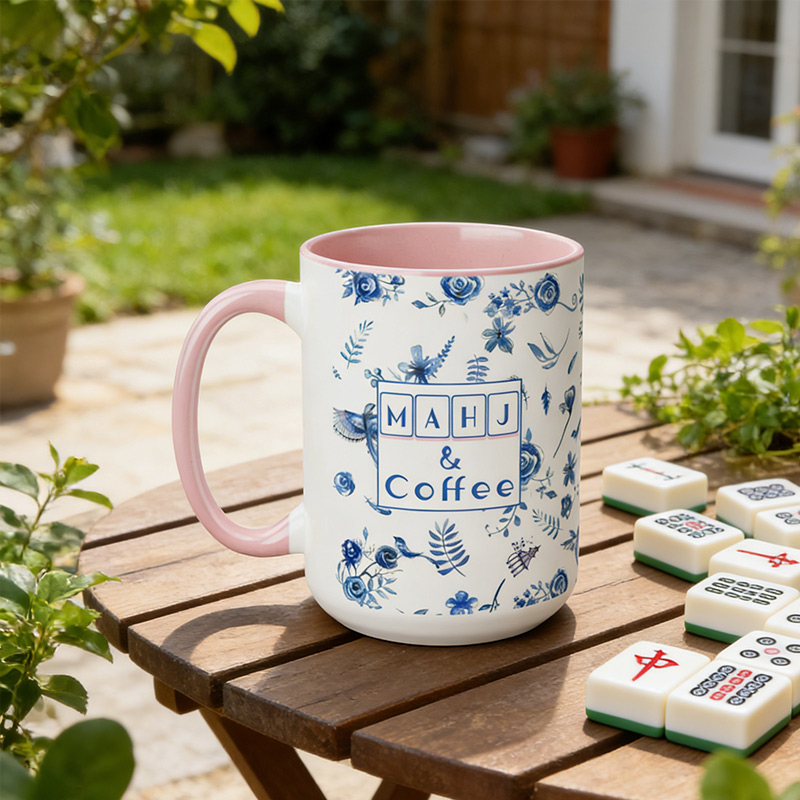 15 oz Mahjong Mug Blue and White Porcelain with Floral and Bird Motifs Gift for Mahjong Enthusiasts