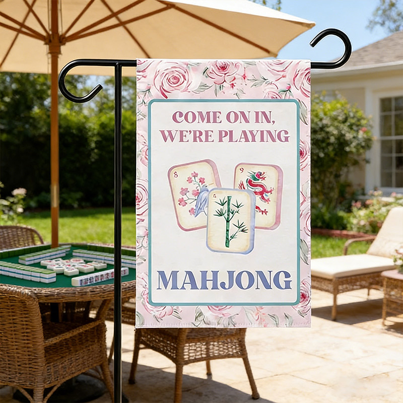 Mahjong Garden Flags Pink Rose Courtyard Decor Mahjong Parties and Gifts for Mahjong Enthusiasts