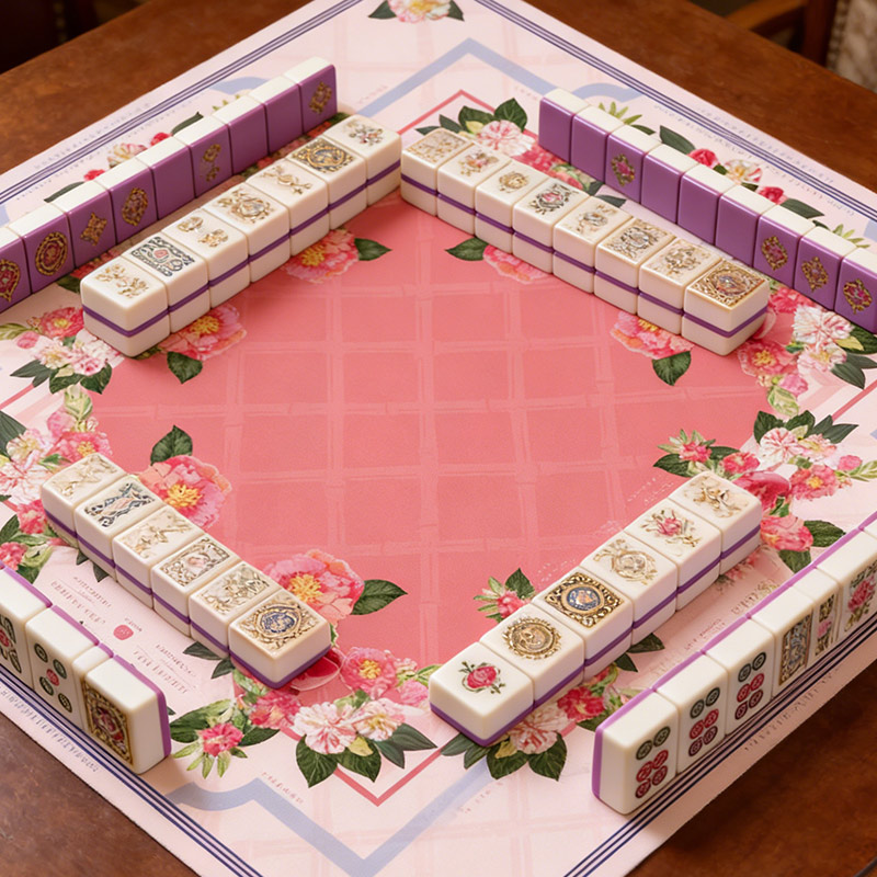 Sweet Pink Camellia and Birds Mahjong Mat Fresh Color-Blocking Non-Slip and Noise-Reducing Gift for Mahjong Enthusiasts