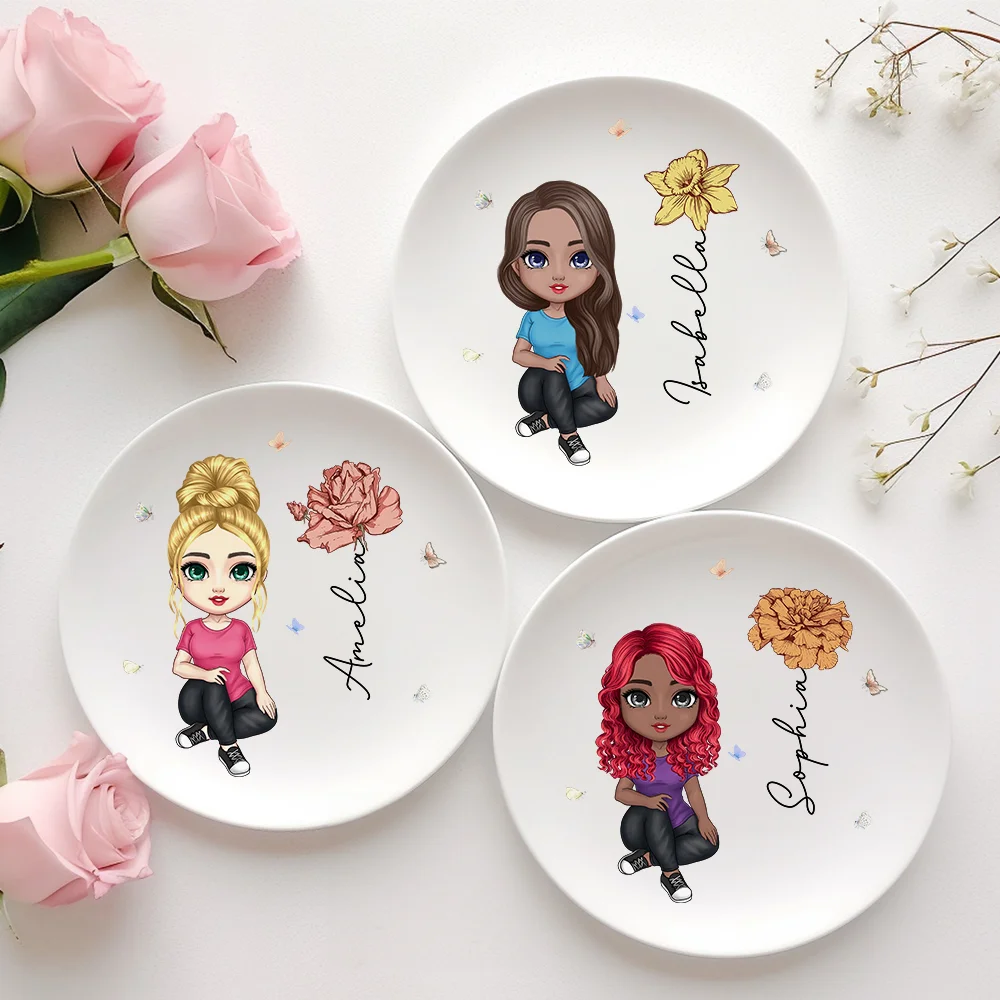 Personalized Cute Cartoon Character Ceramic Ring Dish Jewelry Tray with Birth Flower and Name Birthday Bridesmaid Wedding Gift for Her