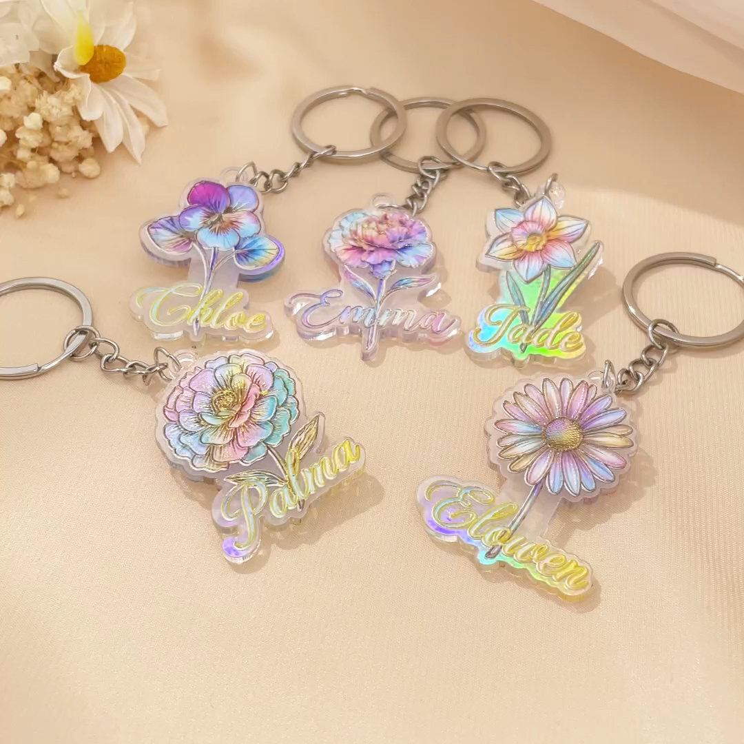 Personalized 3D Sculptured Foil Stamping Birth Flower Iridescent Acrylic Keychain with Name Daily Use Anniversary Birthday Gift for Women Girls