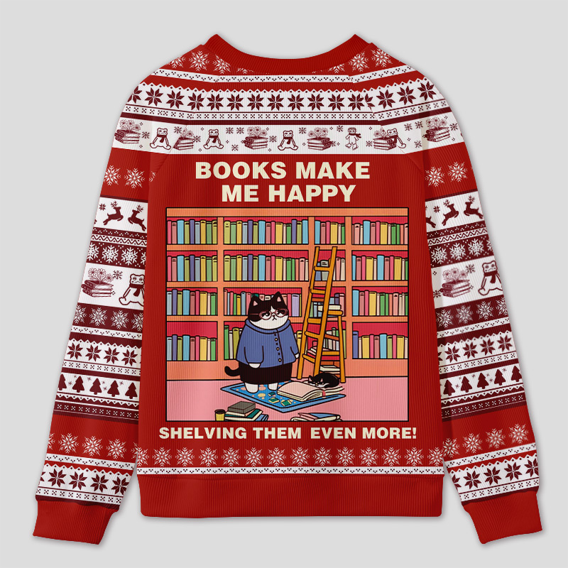 Personalized Hilarious Cat Rearranging Bookshelves Ugly Sweater Holiday Gift for Cat-Loving Book Loves