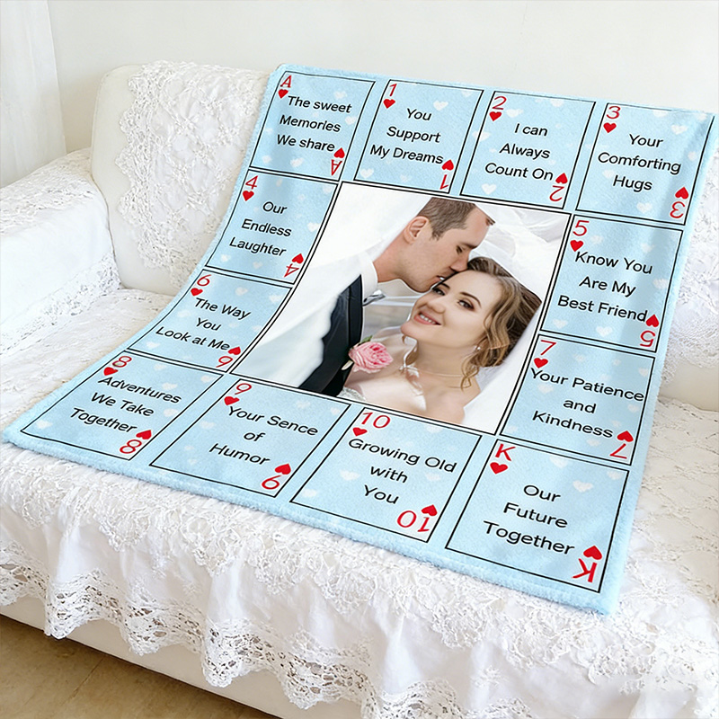 Personalized 12 Reasons Why I Love You Blanket Custom Photo Couple Blanket Gift Play Card Couple Blanket