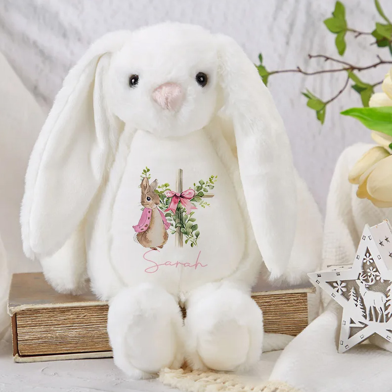 Personalized Easter Eggs Floral Cross Cute Plush Bunny Stuffed Animal Toy with Name Easter Baby Shower Birthday Gift for Kids