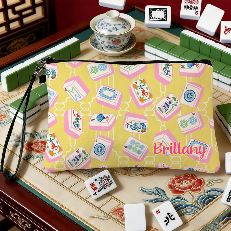 Personalized Mahjong Name Linen Handbag with Zipper and Wrist Strap Gift for Mahjong Lovers