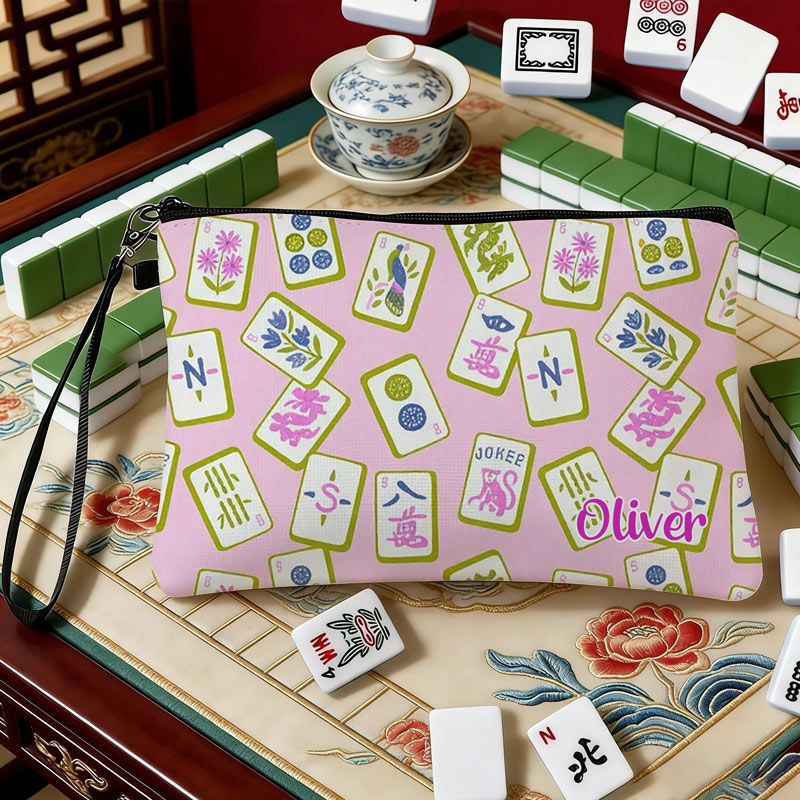 Personalized Mahjong Name Linen Handbag Purple Monkey Mahjong Pattern with Zipper and Wrist Strap Gift for Mahjong Lovers