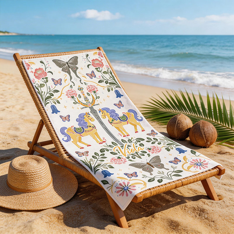 Personalized Enchanted Horse Sword Beach Towel Custom Name Floral Butterfly Towel