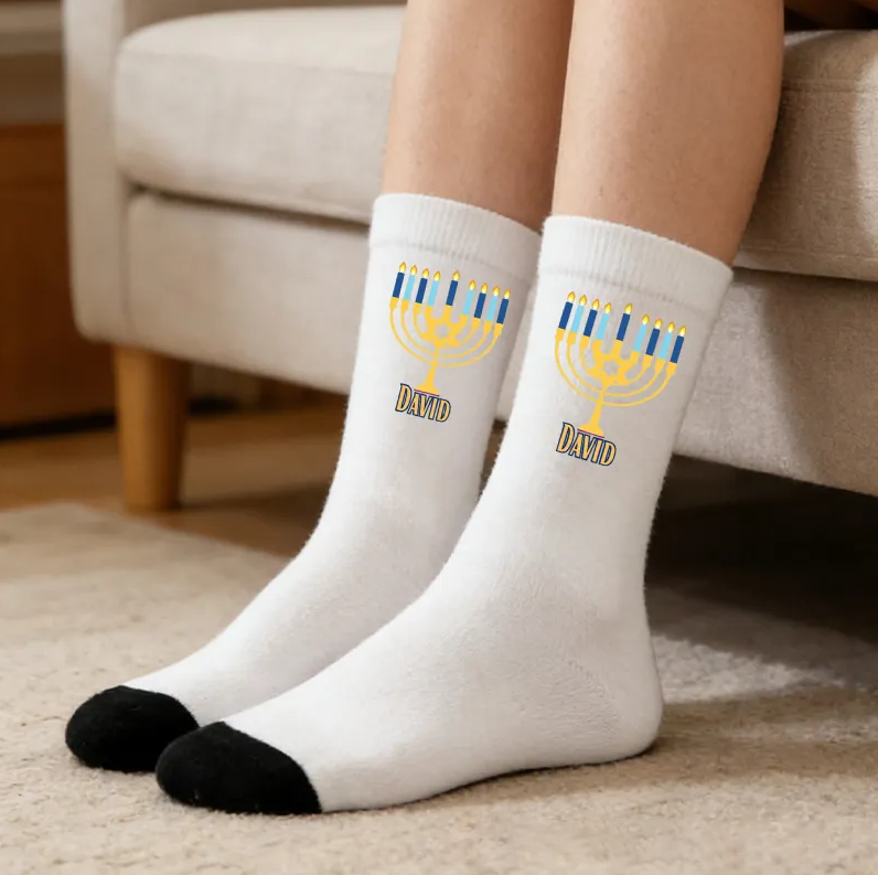 Personalized Hanukkah Menorah Socks with Blue Yellow or Pink Custom Name Religious Gift Happy Hanukkah Gift for Jewish Family