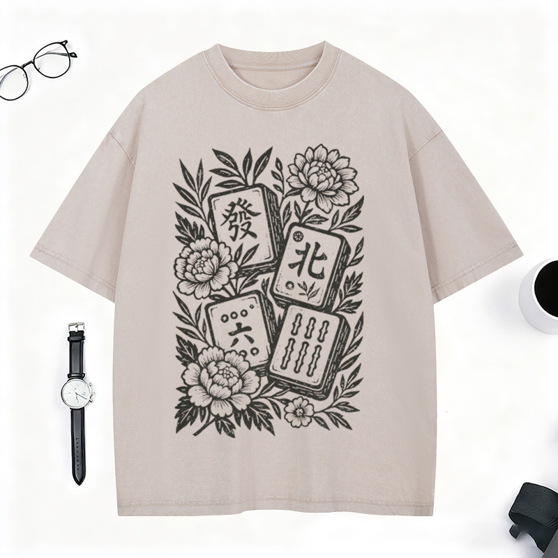 Retro Mahjong Floral Washed T-Shirt Gift for Mahjong Lovers