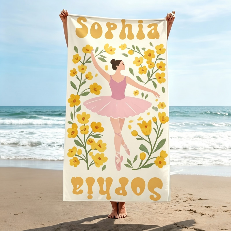 Personalized Multicolor Birth Flower Quick Dry Oversized Beach Towel with Name Summer Vacation Pool Party Gift for Women Dance Lovers Ballet Lovers