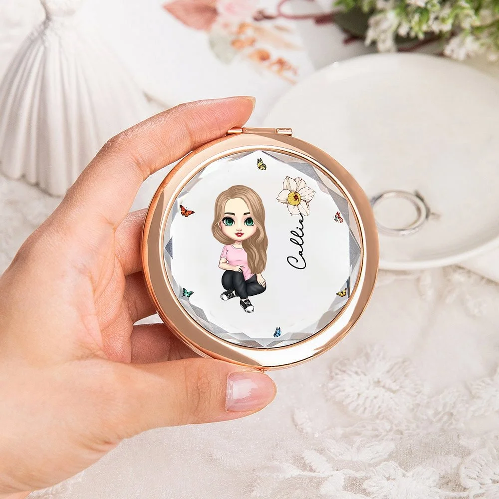 Personalized Cartoon Character Compact  Bridesmaid Pocket Makeup Mirror with Birth Flower and Name Birthday Bridesmaid Gift for Her