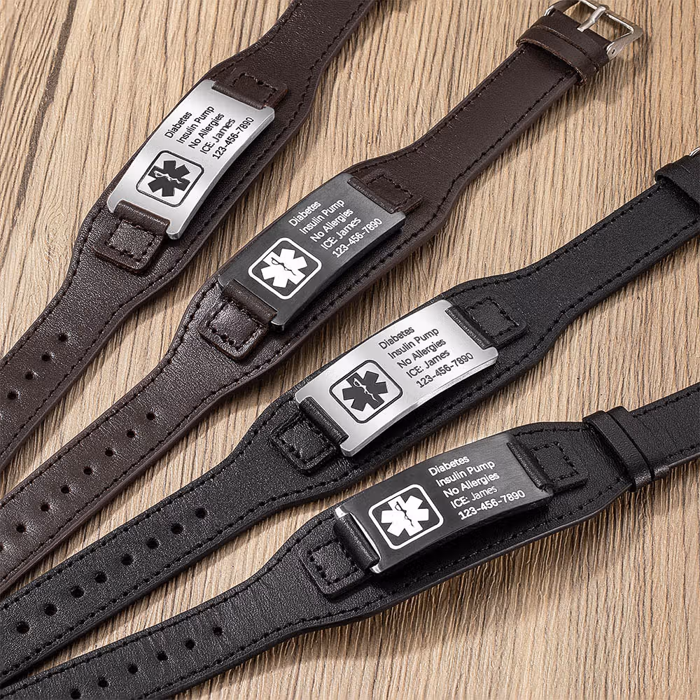 Personalized Adjustable Leather Emergency Medical Alert Bracelet with Engraved Text Gift for Man or Woman