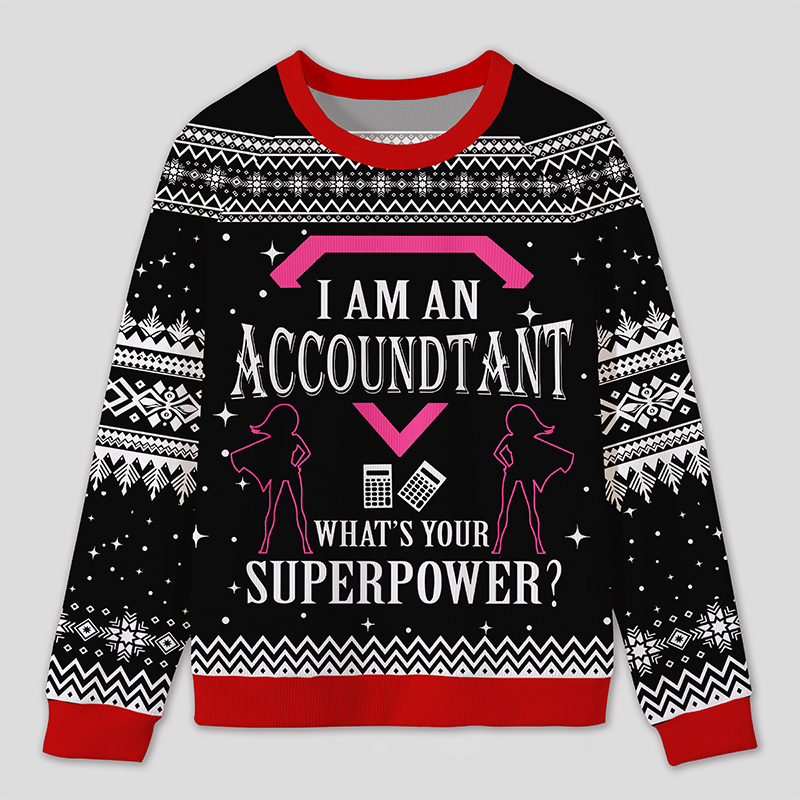 Personalized Super Accountant Humor Ugly Sweater Office Holiday Party Gift for Finance Pros