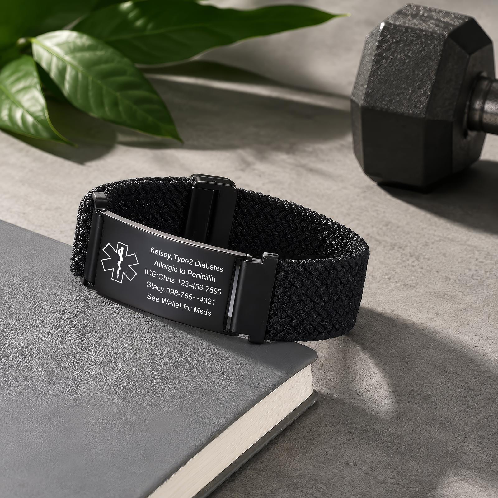 Personalized Medical Alert Bracelet Elastic Nylon Emergency Wristband Engraved Sport Medical Alert ID Adjustable Bracelet Health ID Men Women
