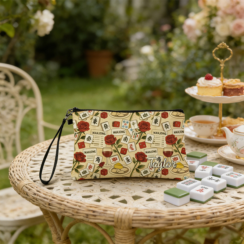Personalized Mahjong Name Linen Handbag Vintage Rose Wine Glass with Zipper and Wrist Strap Gift for Mahjong Lovers