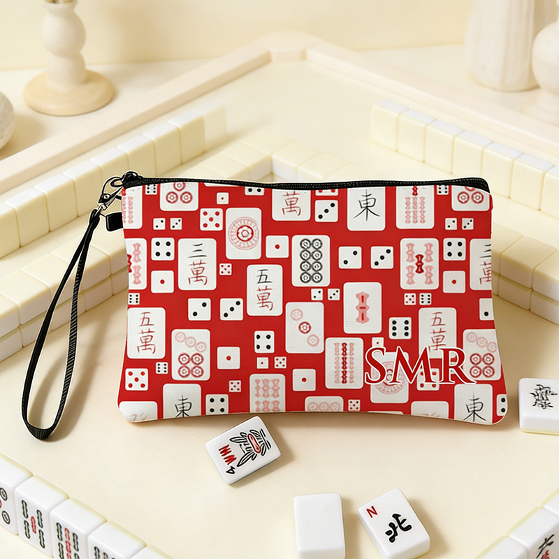 Personalized Mahjong Name Linen Handbag Red Mahjong and Dice with Zipper and Wrist Strap Gift for Mahjong Lovers