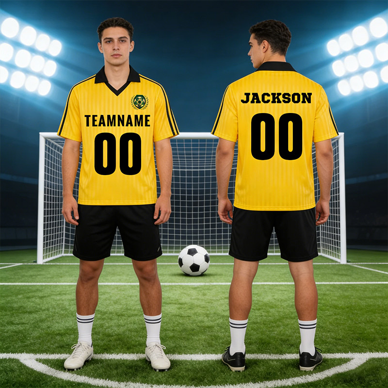 Personalized Made Lapel Soccer Jersey with Yellow Stripes Featuring Custom Team Name Logo Player Name and Number Gift for Soccer Fans