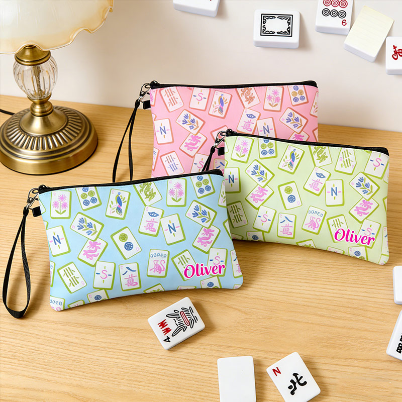 Personalized Mahjong Name Linen Handbag Purple Monkey Mahjong Pattern with Zipper and Wrist Strap Gift for Mahjong Lovers