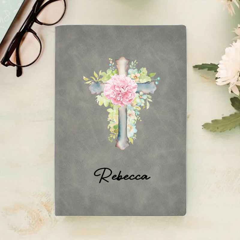 Personalized Watercolor Cross 1-5 Birth Flowers Prayer Journal Leather A5 Notebook with Name for Bible Study Birthday Gift Religious Gift for Women