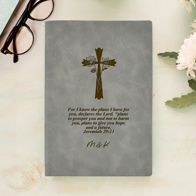 Personalized Engraved Cross Birth Flower Bible Verse Leather A5 Notebook with Name for Church Bible Study Christmas Easter Gift for Christian Prayer