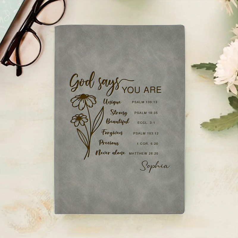 Personalized God Says You are Bible Verse Journal Leather A5 Notebook with Name for Women Flower Christian Gift Religious Gift Affirmations Gift
