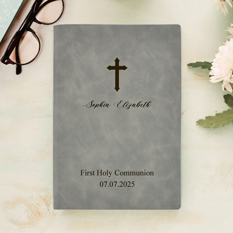 Personalized Communion Cross Prayer Journal Leather A5 Notebook with Custom Name Text Date Birthday Prayer Religious Gift for Christians Baptism Gift