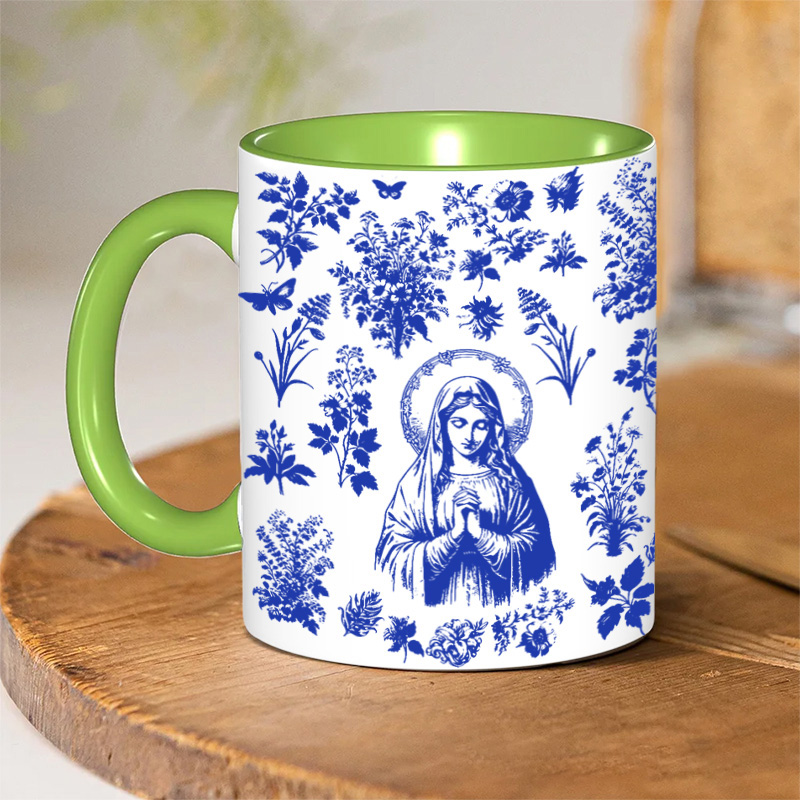 Personalized Catholic Virgin Mary Toile De Jouy 11oz Ceramic Mug with Name Our Lady Coffee Cup Vintage Floral Marian Mug Christian Gift for Women