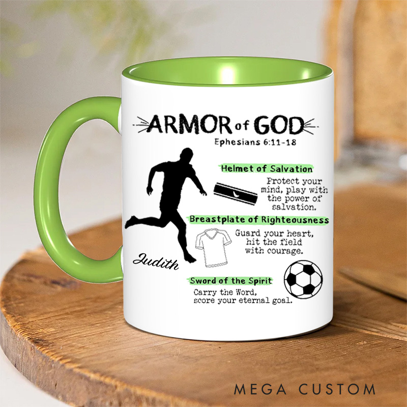 Personalized Armor of God for Soccer Ceramic Mug with Name Religious Inspirational Gift for Christians