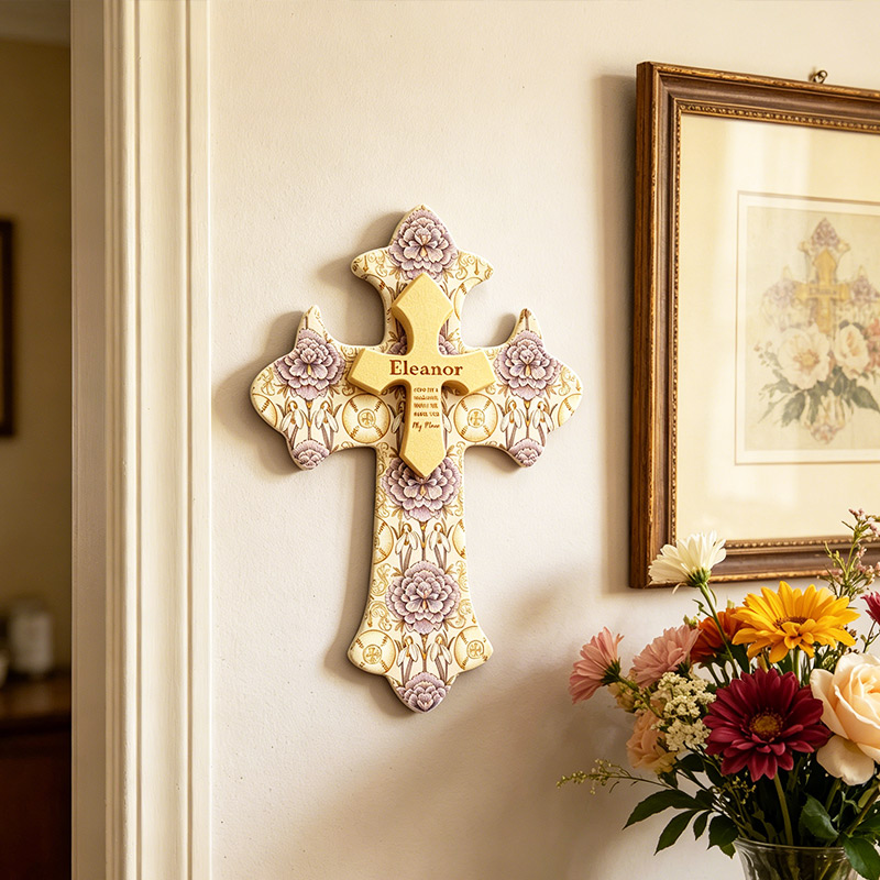 Personalized Wooden Wall Cross Classical Religious Style Hanging Birth Flower Baseball Cross Home Decor A Gift for Mom