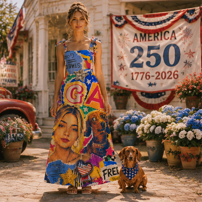 Personalized USA Independence Day Maxi Dress Colorful Graffiti Collage with Custom Photo and Name for USA 250th Anniversary