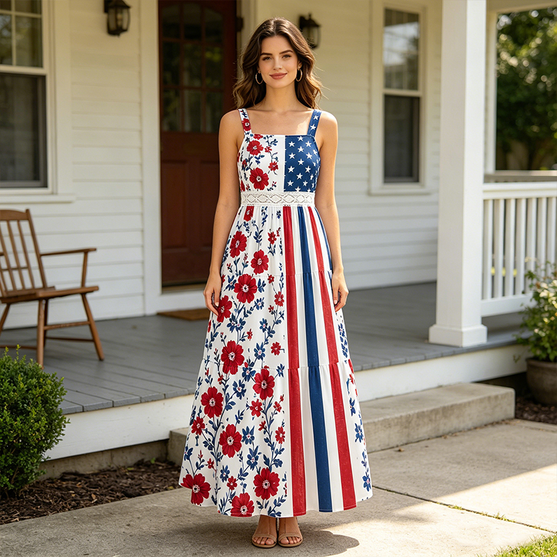 4th of July Patriotic Maxi Dress American Star Stripes Red Floral Print Independence Day for Her