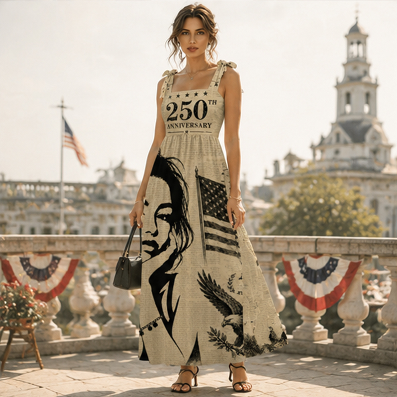 Personalized American 250th Anniversary Maxi Dress Retro Style Spaghetti Strap Custom Photo for Independence Day