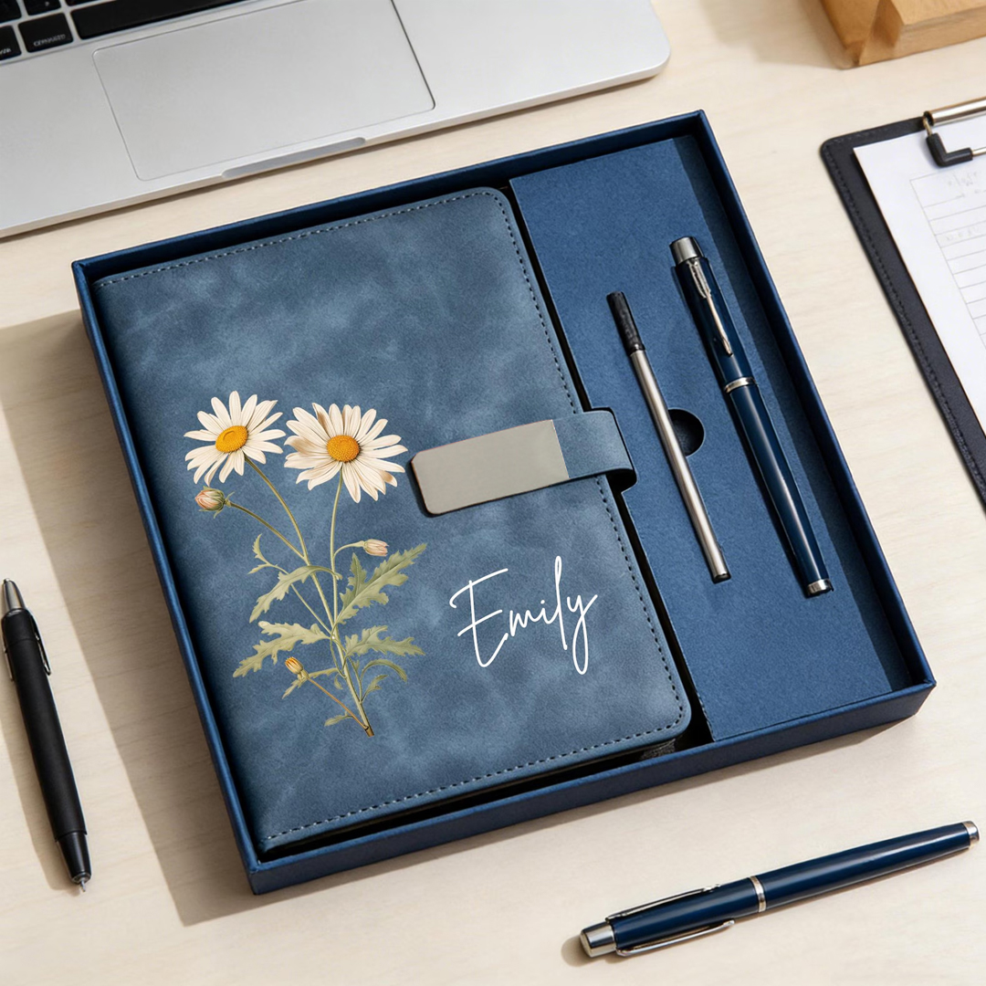 Personalized Birth Flower Notebook & Pen Set Custom Name Leather Journal Gift Birth Month Flower Journal for Women