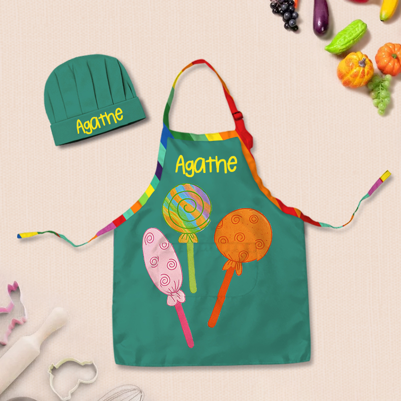 Personalized Colorful Lollipop Adjustable Kid Apron Chef Hat Set with Pocket and Name for Cooking Baking Birthday Holiday Gift for Kids