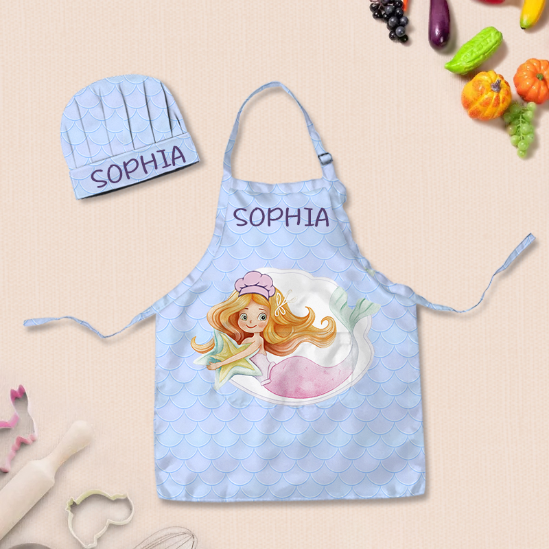 Personalized Ombre Mermaid Full Print Adjustable Kid Apron Chef Hat Set with Pocket and Name for Cooking Baking Birthday Holiday Gift for Kids