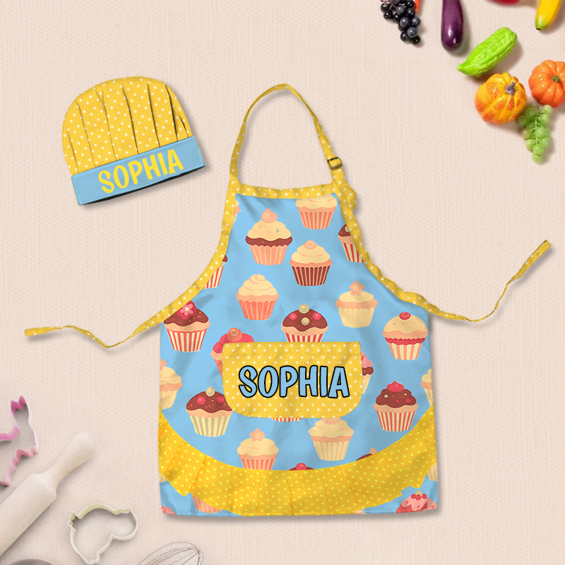 Personalized Cupcake Polka Dot Patchwork Adjustable Kid Apron Chef Hat Set with Pocket and Name for Cooking Baking Birthday Holiday Gift for Kids